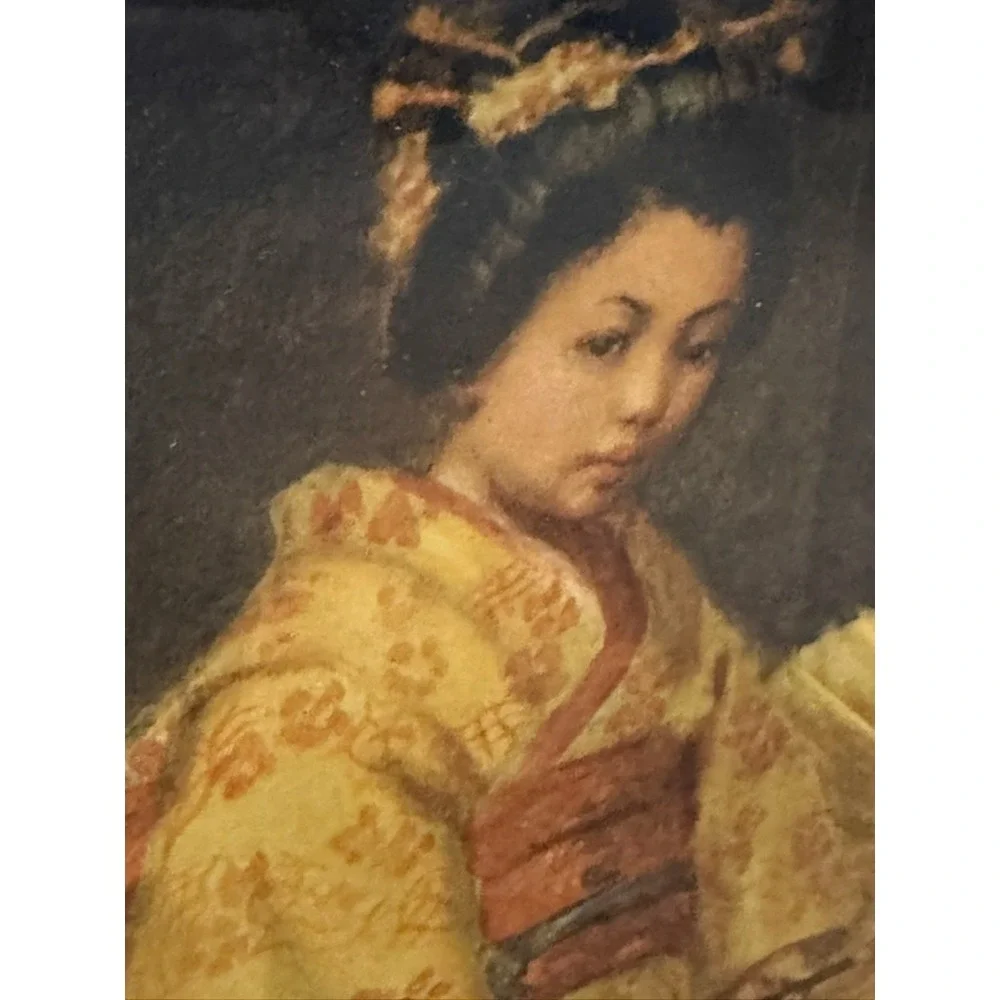 Vintage Asian Art Print Woman in Kimono Black Lacquer Frame Decorative Accents